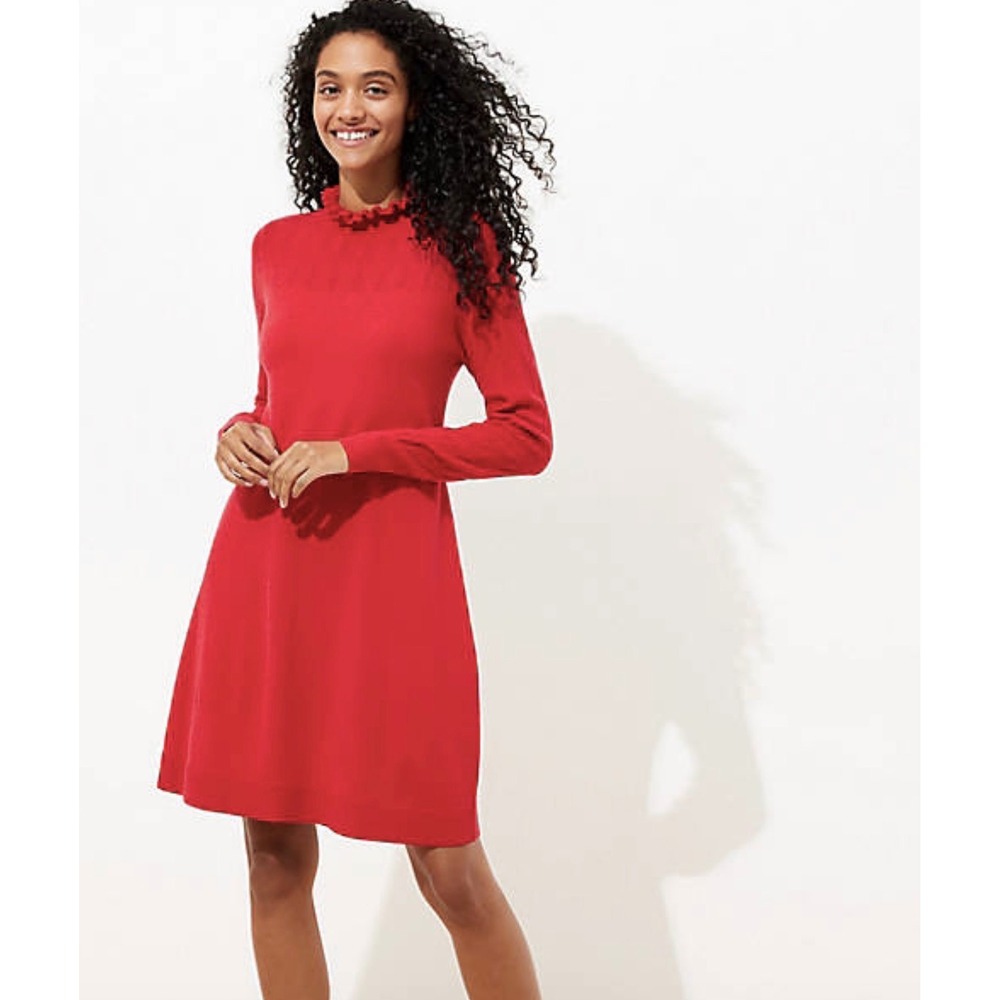Loft Red Ruffle Mock Neck Pointelle Knit Sweater Dress XL New 513116